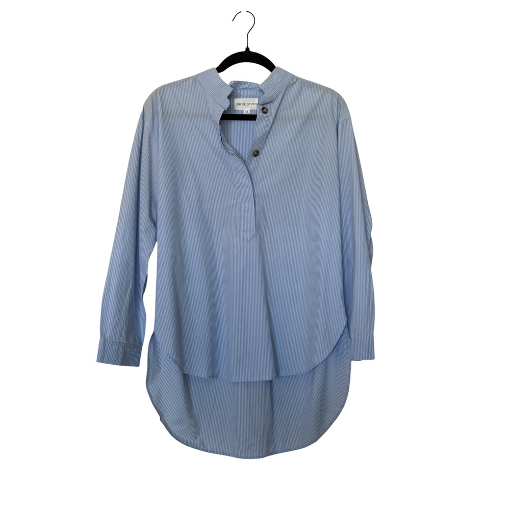 Chloe Stora Paris Striped Hi Low Tunic Shirt Blue White Sz 36 Oversized Relaxed